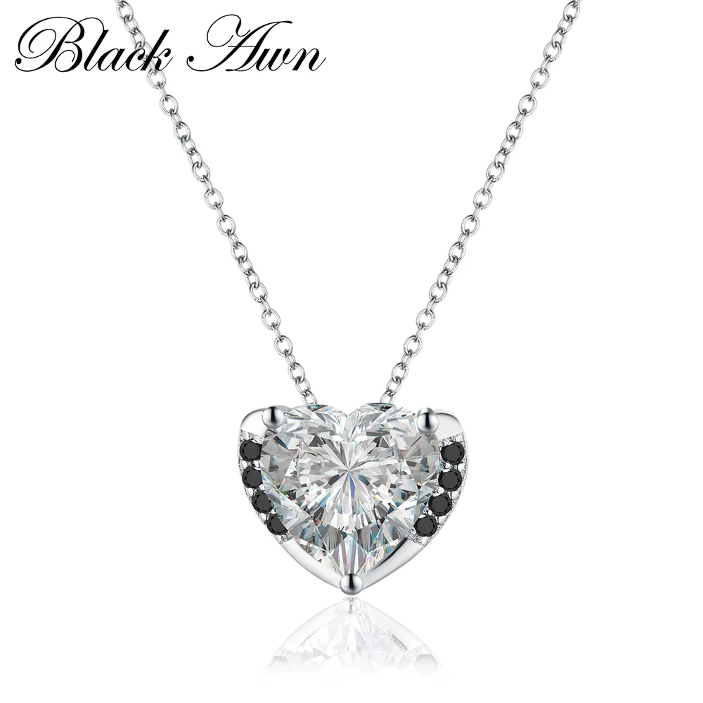 

[BLACK AWN] Fine Genuine 925 Sterling Silver 0.8Ct Jewelry Trendy Heart Black&White Stone Necklace Women Bijoux Femme P011