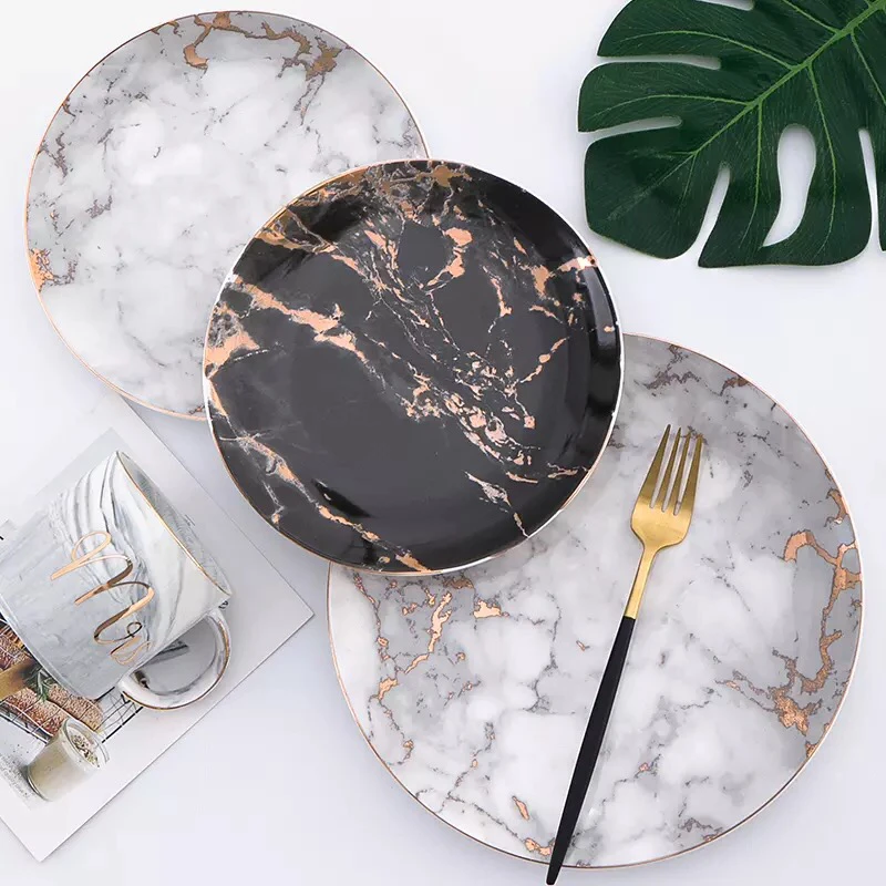 Customized decorative gold rim exquisite cheap ceramic 10.5 inch  marble plate for weddings