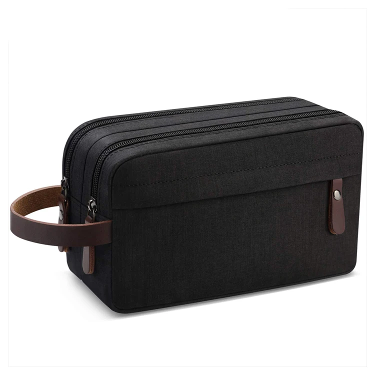 

Double Compartment PU Leather Handle Travel Large Capacity Oxford Shaving Toiletry Bag for Men Dopp Kit