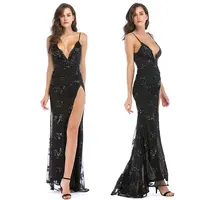 

Latest Designs Nice Ladies Party Wear Lace Sequin Black Backless Evening Transparent Long Gown Dress 2018 For Matured Women