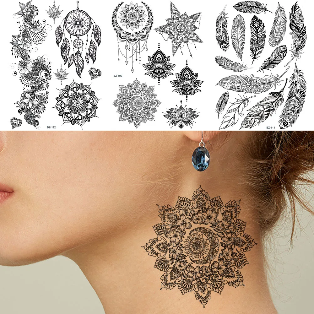 

Black Henna Flower Wholesale Custom Diy Feather Fake Temporary Tattoos Sticker For Women Waterproof Tattoo Paper Art Arm Jewelry