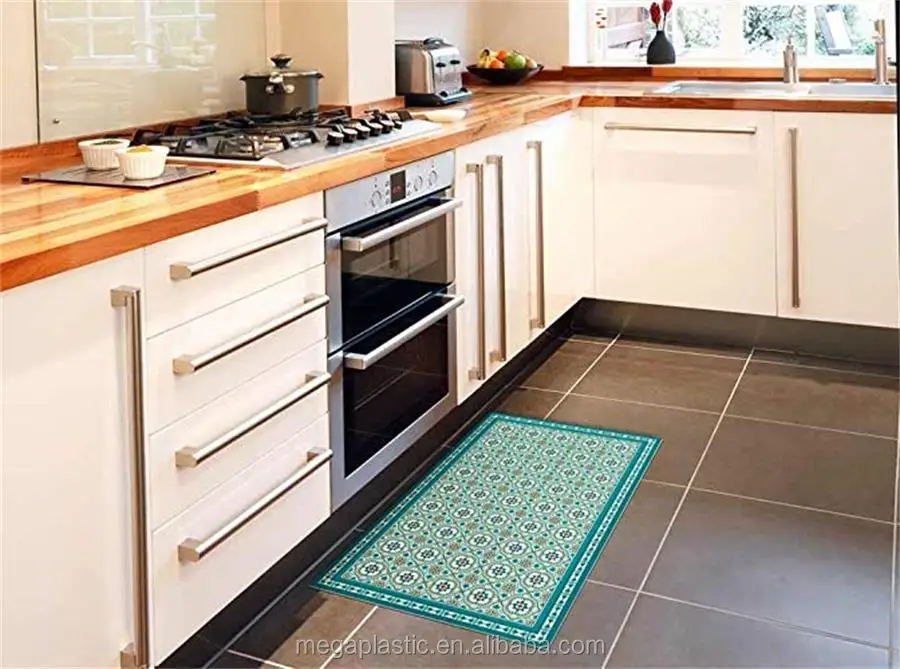 Printed Turquoise Pvc Mat With Vintage Tiles Design Linoleum Area Rug Vinyl Floor Kitchen Mat View Vinyl Floor Mats Megaflor Product Details From