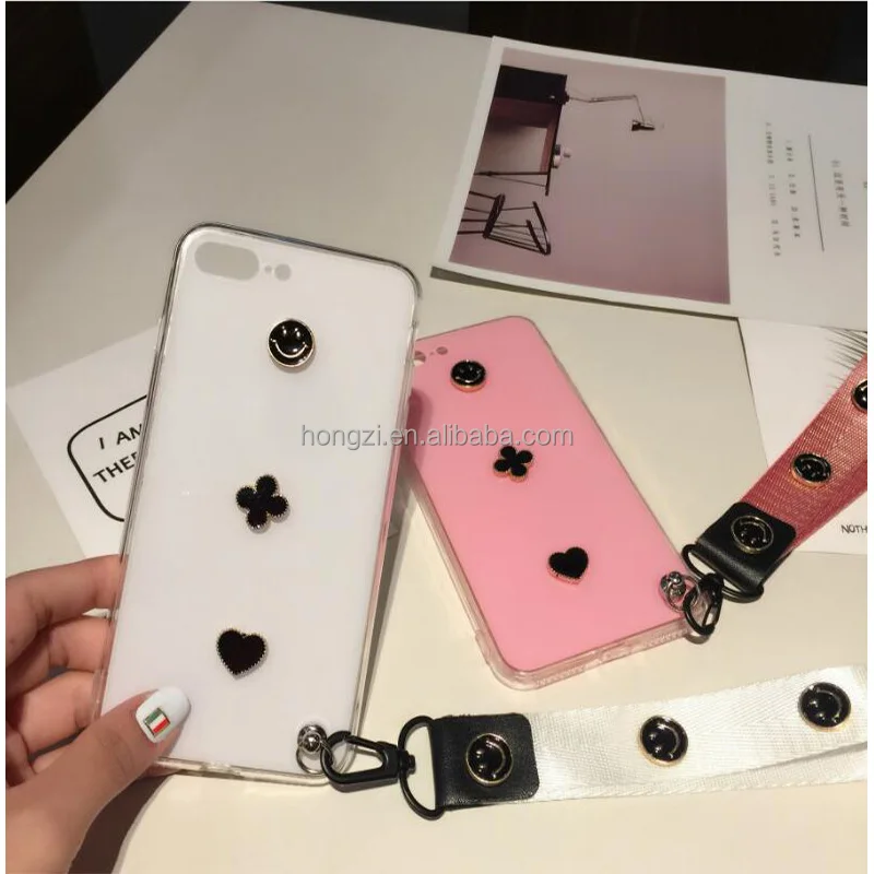 

Clover TPU+PC Phone Case For iphone 6 Plus Acrylic Back Cover For iphone 7 7 8 with Lanyard Smile Face Love Hand Strap Caqa