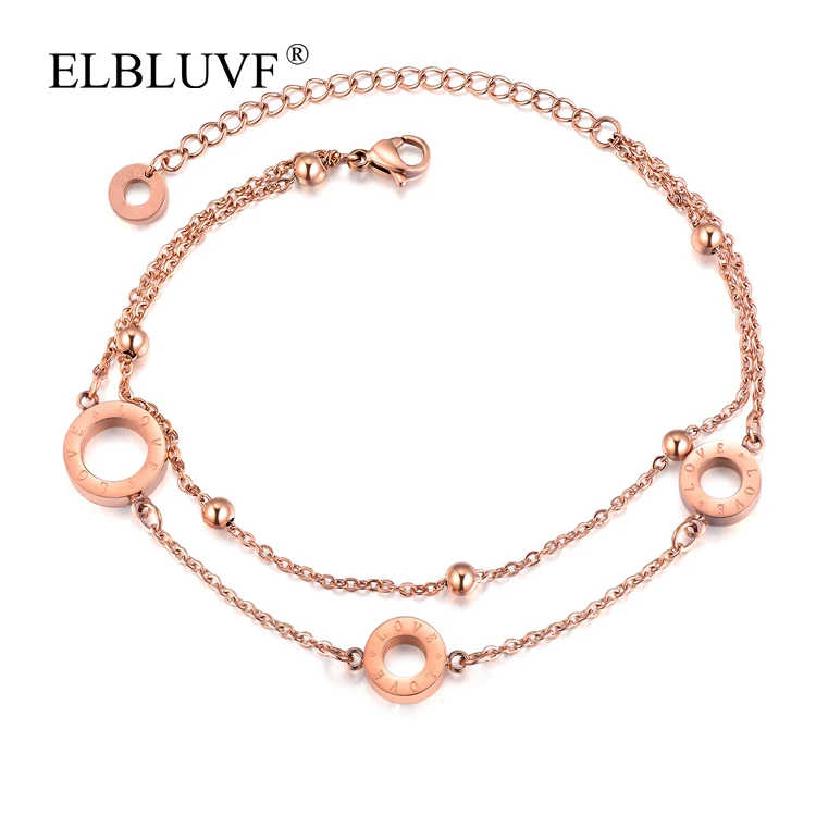 

ELBLUVF Free Shipping Stainless Steel jewelry Rose Gold Plating Circular Ball Double Chain Bracelet For Girls Wholesale, Rose gold , steel color