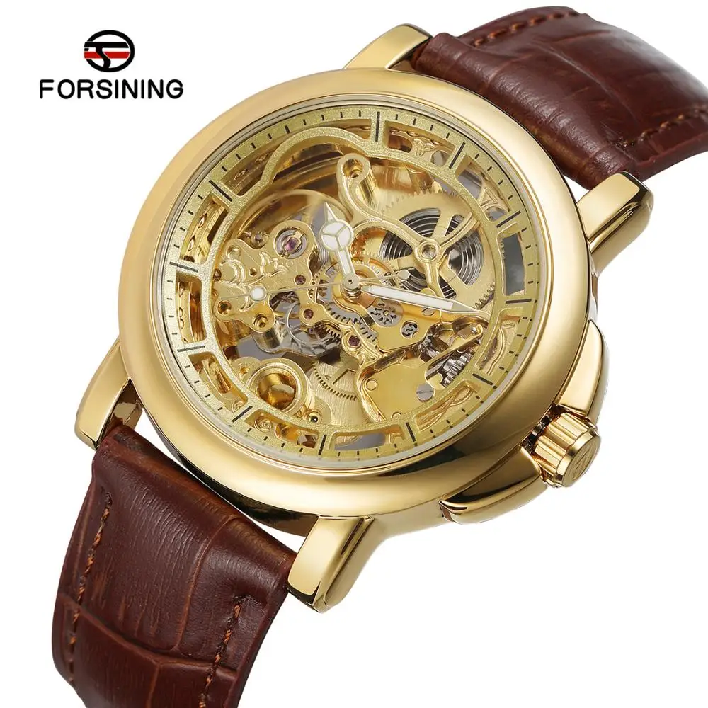 

Forsining 2019 Men New Design Automatic Watch Luxury Custom Leather Gold Brand Male Skeleton WristWatches Relogio Masculino, 5-color