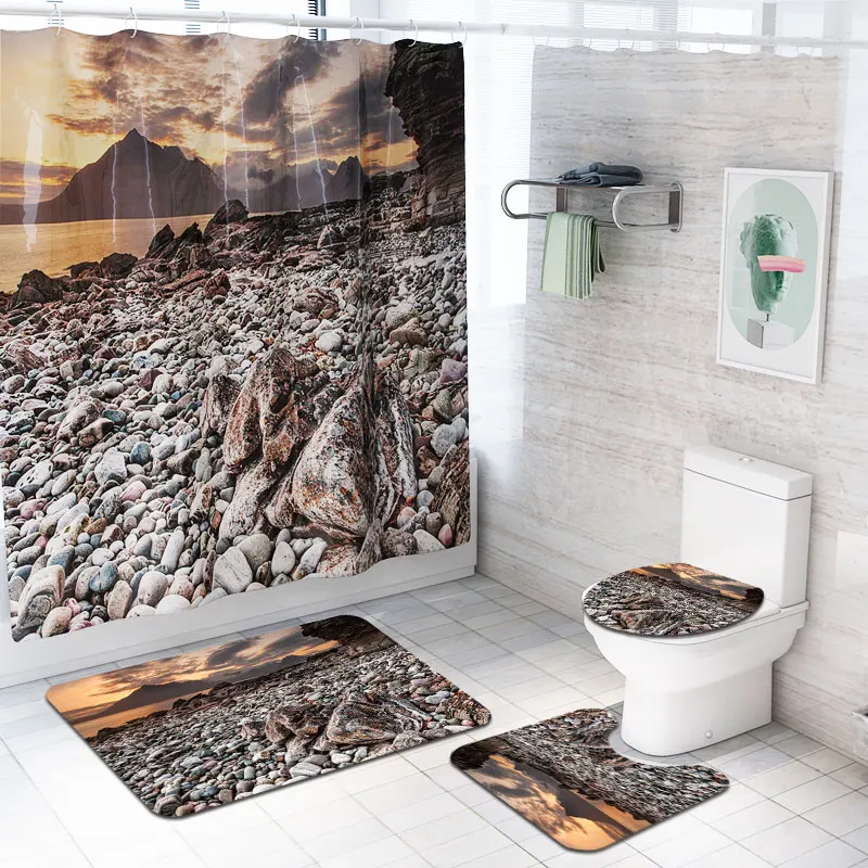New arrival Anti Slip Bathroom Rug 4 Piece Set Custom print Shower curtain