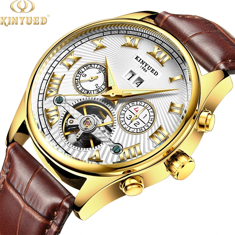 

KINYUED luxury brand no battery mens watches wrist genuine leather automatic tourbillon watch