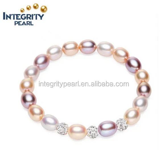 

fashion 7mm AAA rice with crystal natural freshwater mixed color pearl bracelet