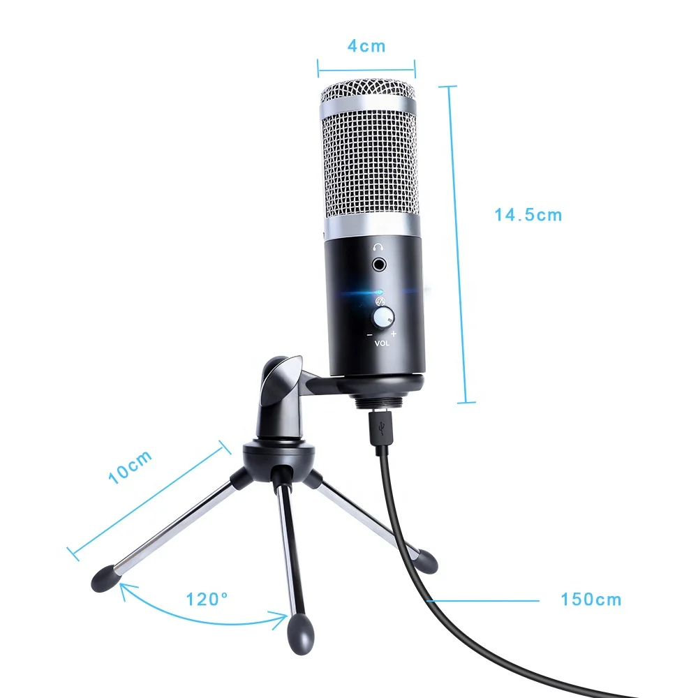 

professional cardioid podcastng microphone with tripod for gaming, Black color
