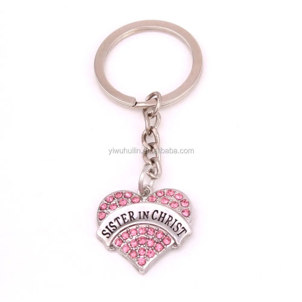 

IMG 9550 Fashion jewelry Custom letter sister in christ Metal Keychain crystal heart shape charm Key Chain, Silver