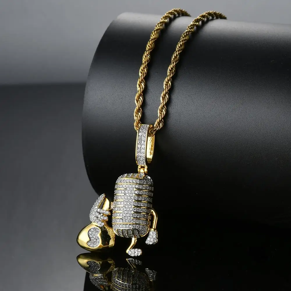 

Bling bling Hip Hop Cartoon Microphone Pendant Copper Micro pave with CZ stones Necklace Jewelry for men and women CN026