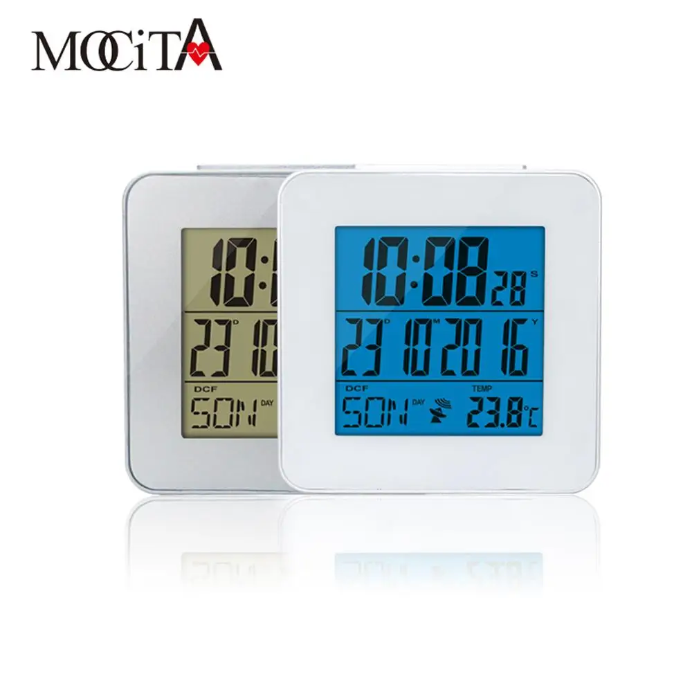 

MOCITA Digital Display Weather Station Square Clock Indoor/Outdoor Thermometer Automatic Adjustable Time by Radio Control, White/silver