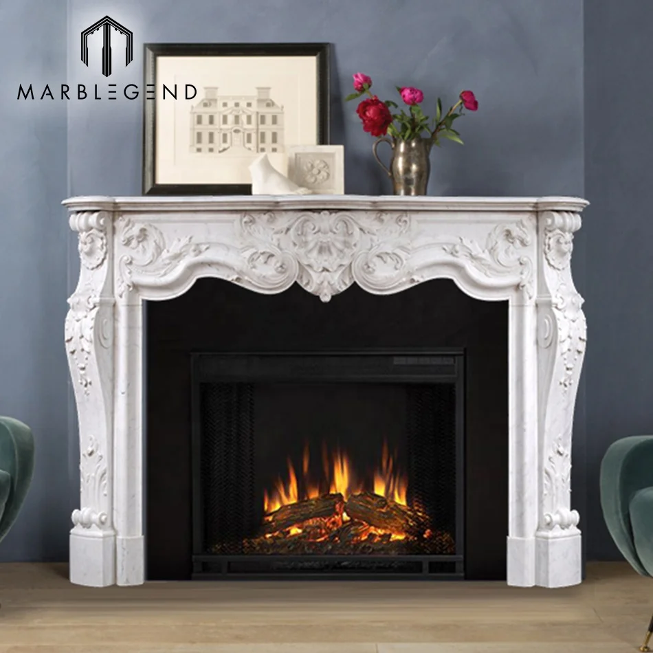 French Style Bianco Carrara White Marble Fireplace Frame For