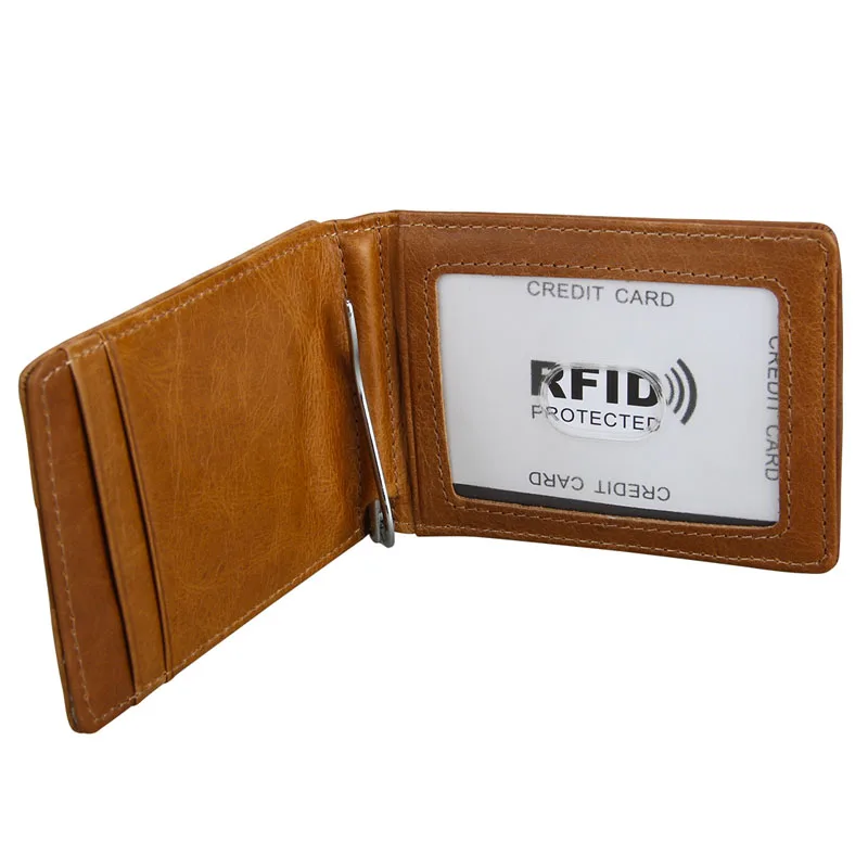 

Mens Genuine Leather Minimalist Slim RFID Blocking Wallet With Money Clip