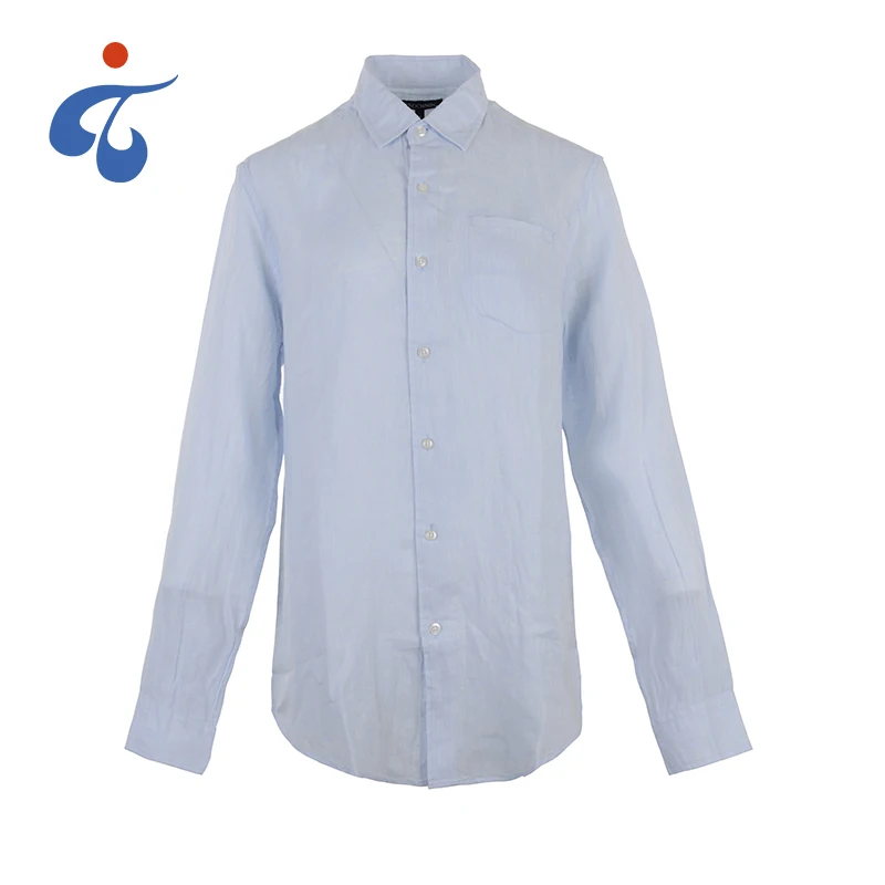 

Good sealed casual plain dyed solid long sleeve pure linen fabric men shirt