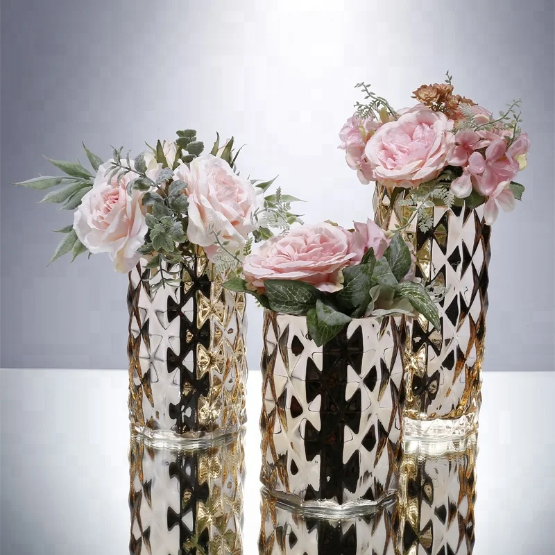 wholesales cheap home decoration handblown mercury gold cylinder flower glass vase