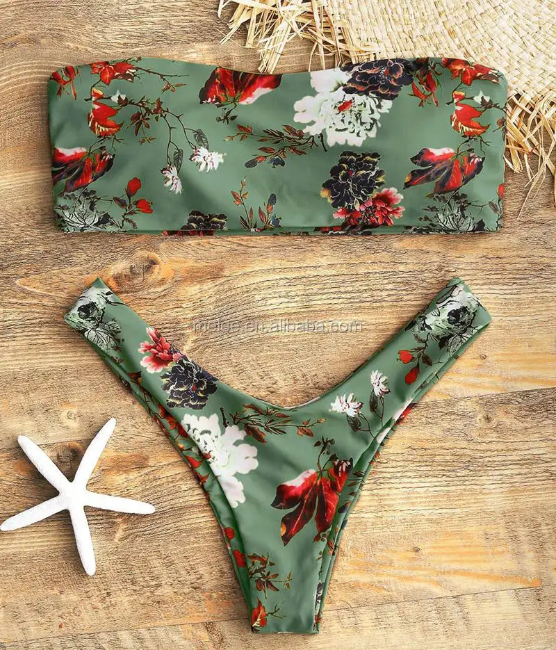 

Women's Bandeau Tube Top Digital Double-Sided Print Split Swimsuit Swimsuit Bikini, Flower