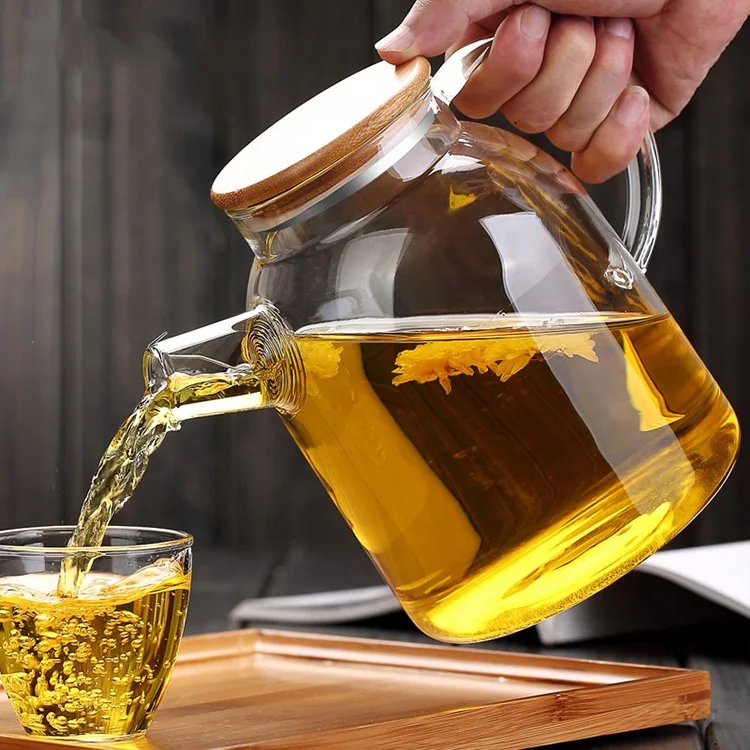 
Hot sale 35oz high borosilicate glass teapot with bamboo lid and strainer 