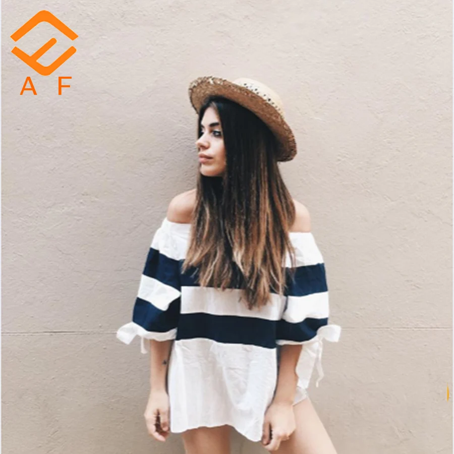 

korea fashion style for sexy lady stripe tops off the shoulder 2021