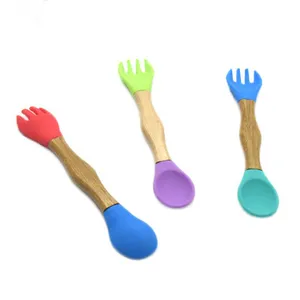 Image of YDS Bamboo Baby Feeding Spoons/Fork Set - First Stage Weaning Spoons with Soft Silicone Tips for Babies or Toddler