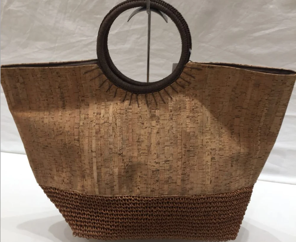 

fashion cotton rope handle and cork material tote shopping beach bag with jute and paper bottom, Custom made cork material