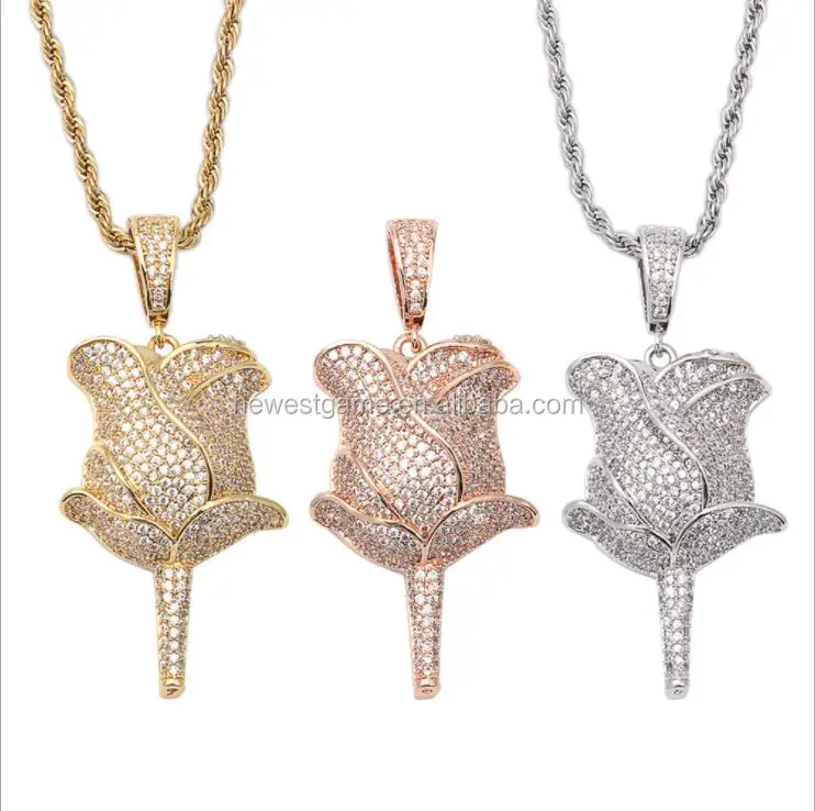 

top quality necklace HipHop Rose Flower Pendant Necklace With Rope Chain Iced Out Cubic Zircon Bling Men Jewelry free shipping