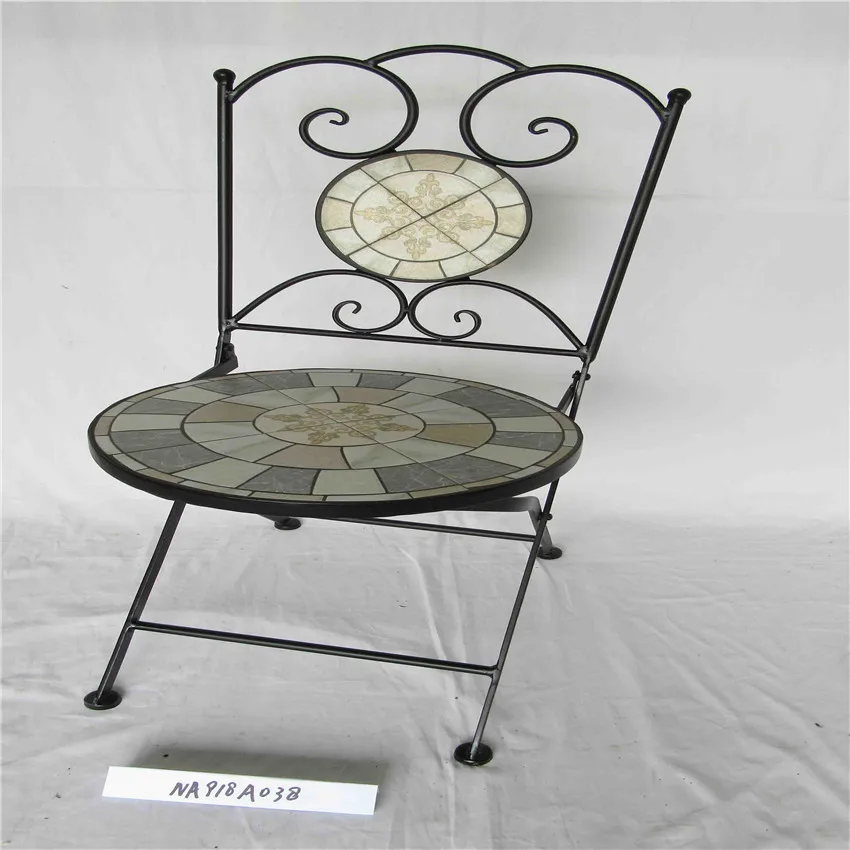 Single Wrought Iron Mosaic Tile Folding Garden Dining Outdoor Chair Whimsical