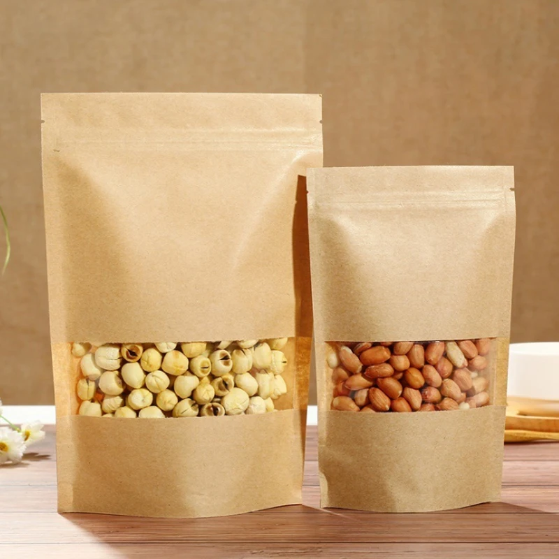
Custom Printed Brown Kraft Paper Pouches Ziplock Bags With Clear Window 