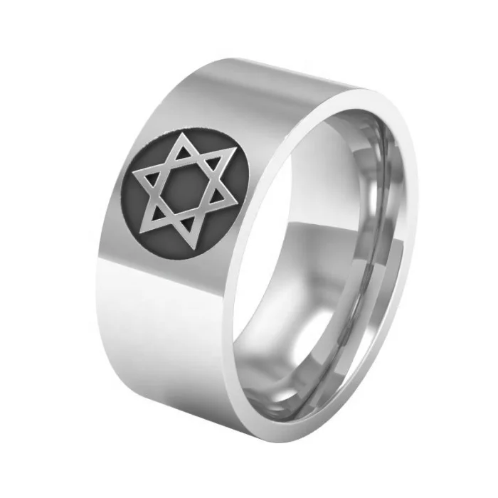 

10mm width silver color etch and enamel style high quality fashion stainless steel star of david ring for men