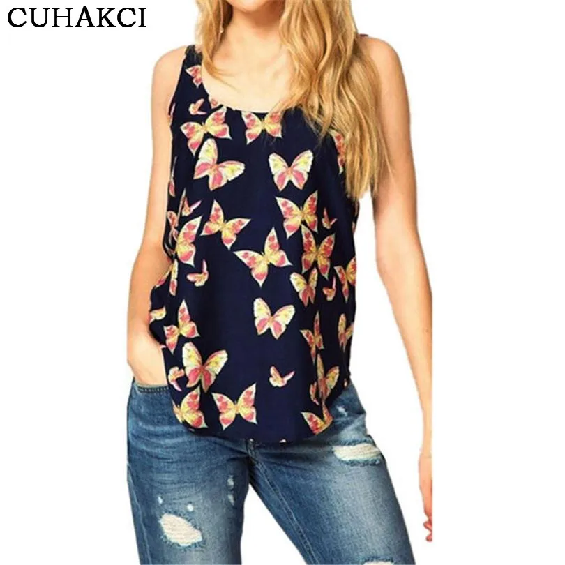 

Summer Women Tank Tops Slim Chiffon Tops Fashion Butterfly Print O-neck woman blouses tops, Black