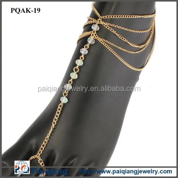 
Gold Metal Chains Crystal Beads Layered Anklet With Toe Ring 
