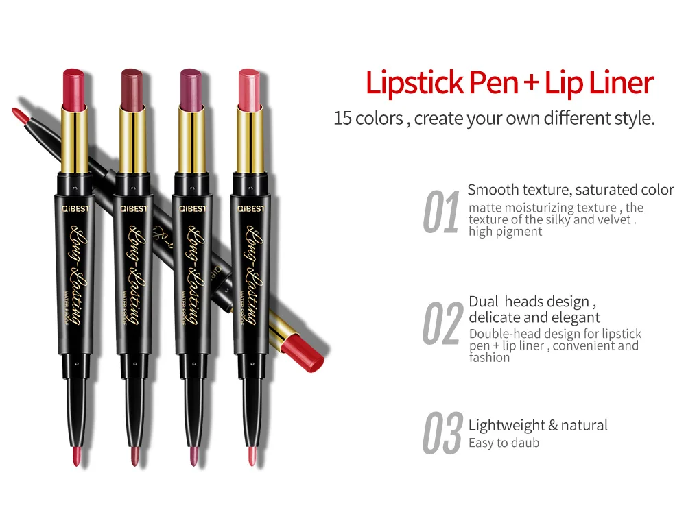 QIBEST 2 In 1 Double Head Lipstick Lip Liner Pencils Waterproof Long Lasting Pigments Nude Lipliner Pen