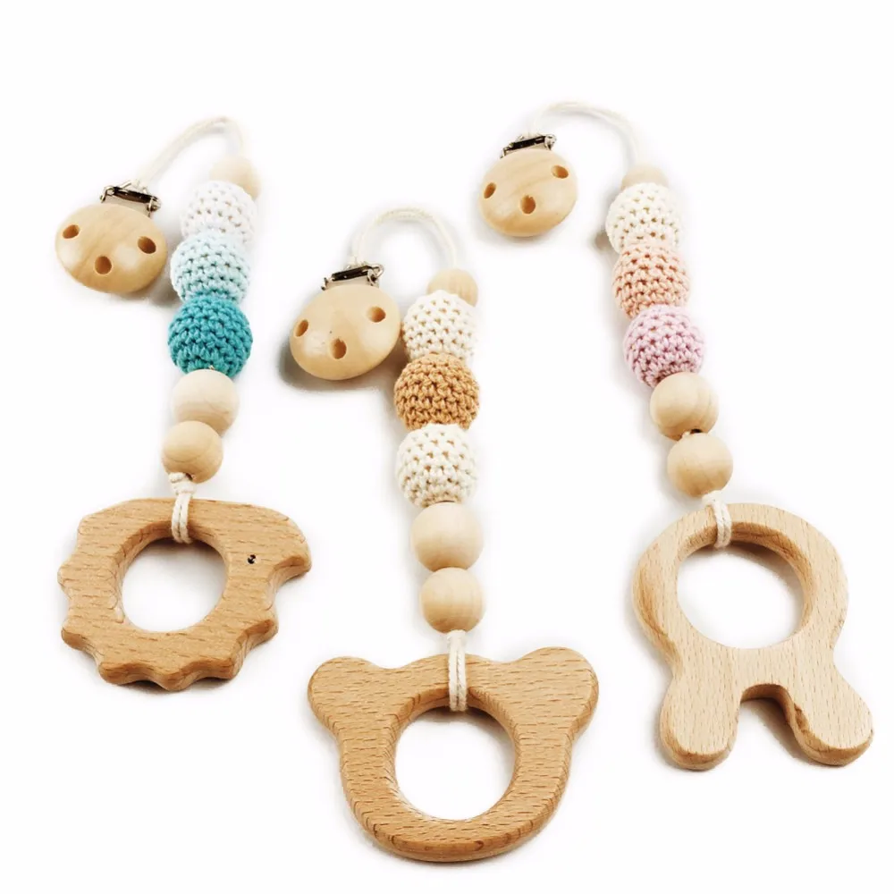Natural Beech Wooden Dummy Teether Pendant Baby Teether Pacifier Chain ...