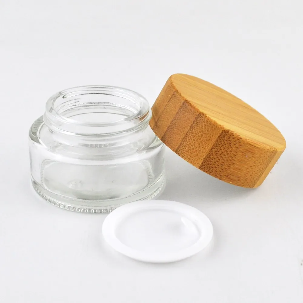 Cosmetic 5ml 15ml 30ml 50ml 100ml Clear Frosted Glass Jar Bamboo Lid