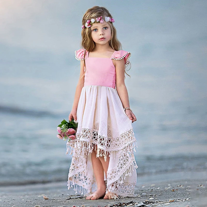 wholesale summer small flying sleeves irregular openwork lace backless baby girl dress