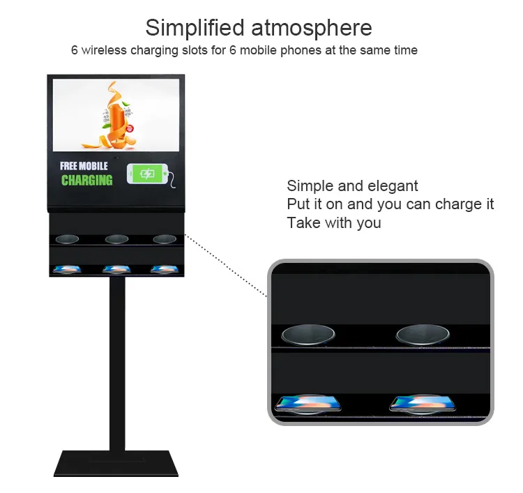 2019 new product black color 21.5inch indoor use vertical wireless smart charging advertising machine