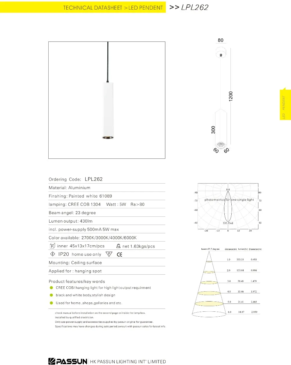 300mm 60mm h1200mmcob 5w led pendant light &n