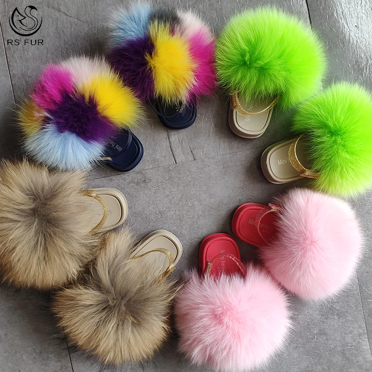 

Latest design fancy multi bright color fox fur slippers fur kids slides for girls, Pink,yellow,white,black,green,or custom
