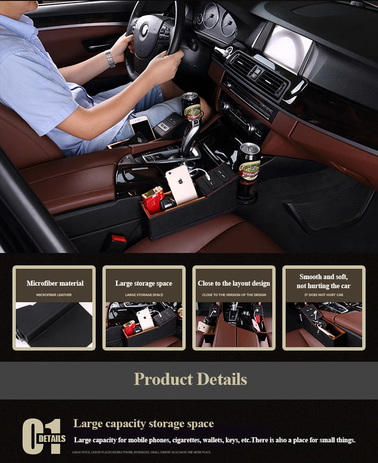 Suv Front Seat Car Gap Storage Box With Usb Charging And Cup Holder