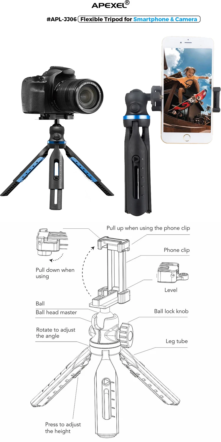 Apexel  Mini Flexible Tripod Durable Retractable for Mobile Phone DSLR Camera