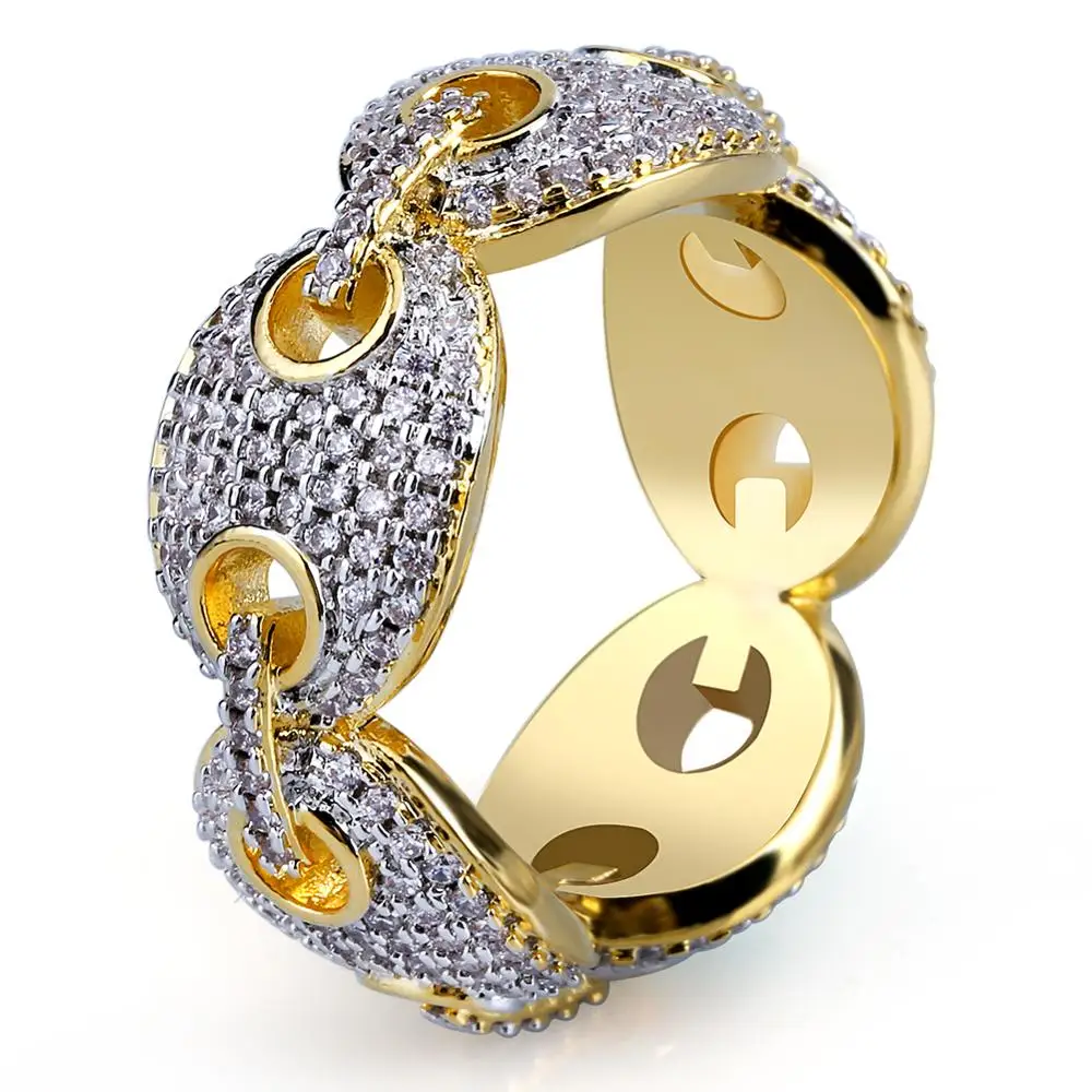 

New Design Iced Out Chain Link Ring Micro Pave AAA Zircon Gold Color Plated Ring for Men Bling Party Gift