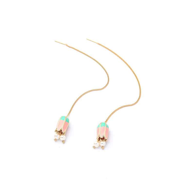 

ed01704c Girls Morandi Enamel Alloy Pearl Bud Gold Earrings Chain Korea