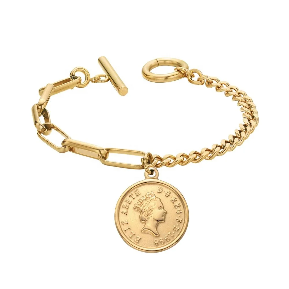 

Loftily Jewelry New Fashion Retro Simple Stainless Steel Gold Plated Jewelry Elizabeth Coin Charm Bracelet for Woman Girl, Silver, gold,rose gold