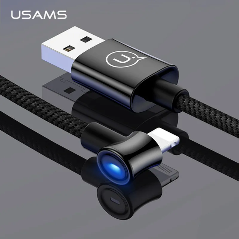 

USAMS 90 Degree L bending LED smart power off game USB Nylon Charging Cable for iphone 8pin Data Wire, Black/blue/red