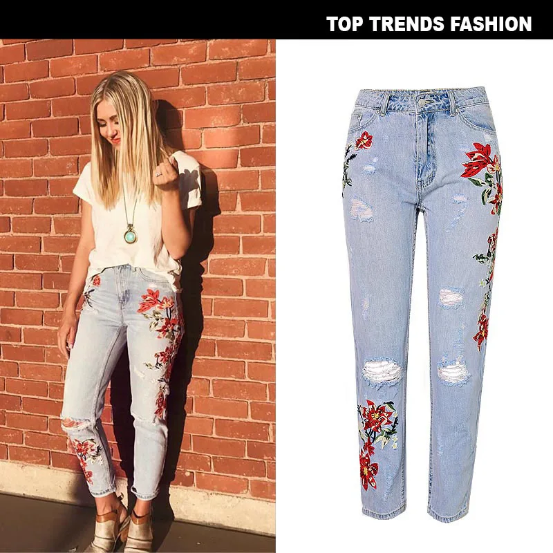 

Hottest selling name brand jeans pent lady embroidery Mom Jeans street ripped hole vintage women jeans wholesale direct factory, Picture