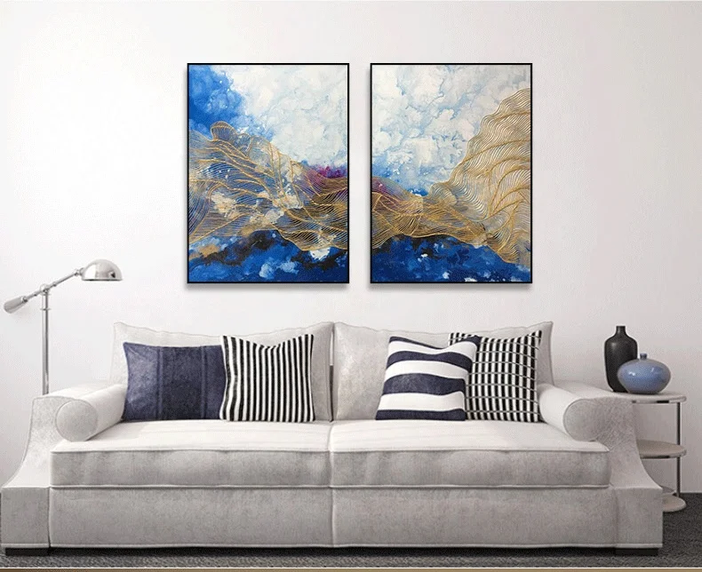 

2 piece wall art Gold art abstract paintings on canvas original ocean Navy blue large wall art heavy texture cuadros abstractos