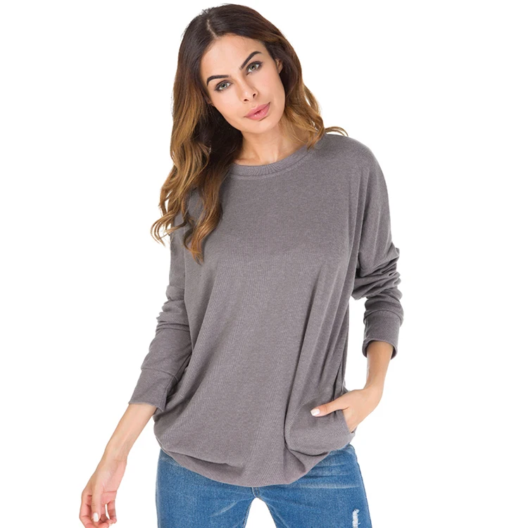 

Wholesale Autumn Winter Women Solid Color Fashion Long Sleeve Crewneck Sweatshirt, As show