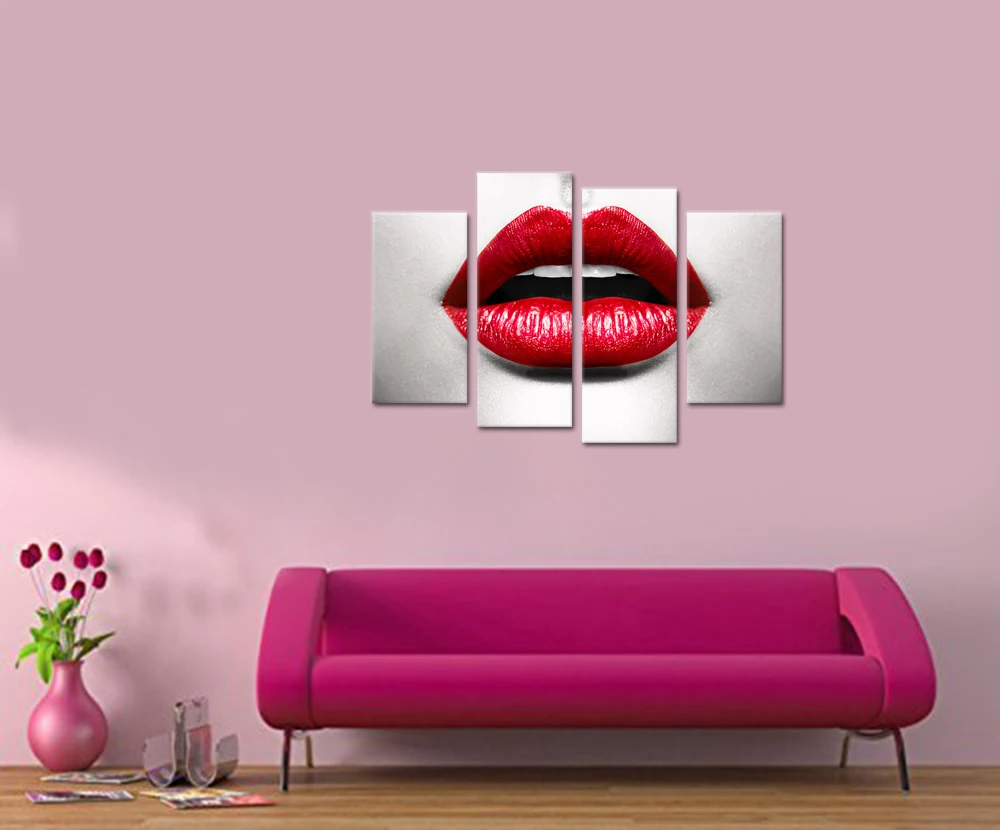 4 Panels Red Lip Canvas Painting Hot Woman Wearing Red Lipstick Wall ...