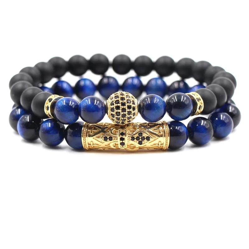 

Luxury Natural Blue Tiger Eye Bead Bracelet Set 2Pcs/Set Agate Bead Micro Pave CZ Ball Charm Bracelet, Gold, silver, black, rose gold