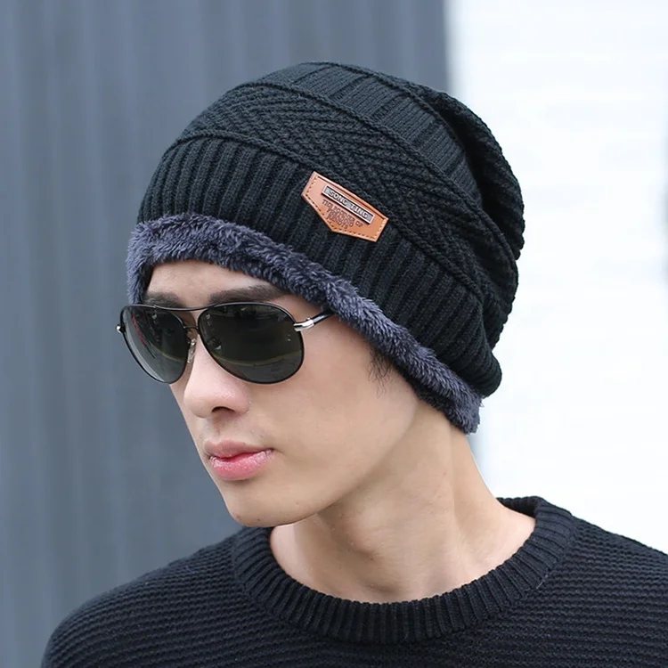 
High Quality Customizable Men Double-Layered Thick Beanie Adn Scarf Set Warm Winter Striped Knitted Hat 